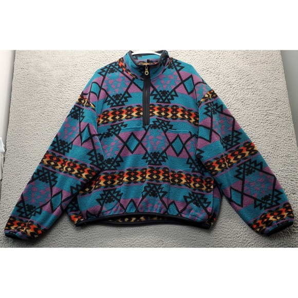 Vtg Woolrich 90's Sweater Women's XL Multi Geometric Pockets Mock Neck 1/4 Zip